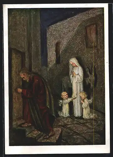 Künstler-AK Maria Spötl: Wer lässt uns ein?, Maria und Josef