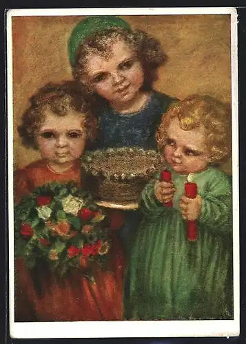 Künstler-AK Maria Spötl: Kinder mit Kuchen, Blumenstrauss und Kerzen