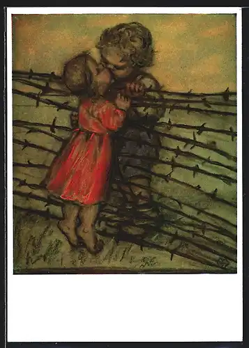 Künstler-AK Maria Spötl: Liebespaar küsst sich über den Stacheldraht hinweg