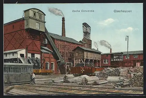 AK Oberhausen, Zeche Concordia, Schienen, Holzlager, Förderband