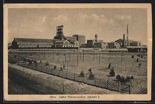 AK Mörs, Zeche Rheinpreussen, Schacht 5, von der Strasse gesehen