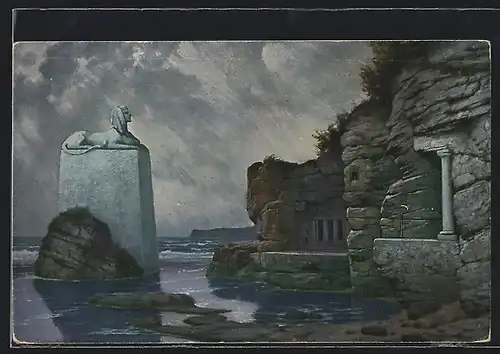 Künstler-AK Hermann Rüdisühli: Ruine mit Sphinx am Wasser