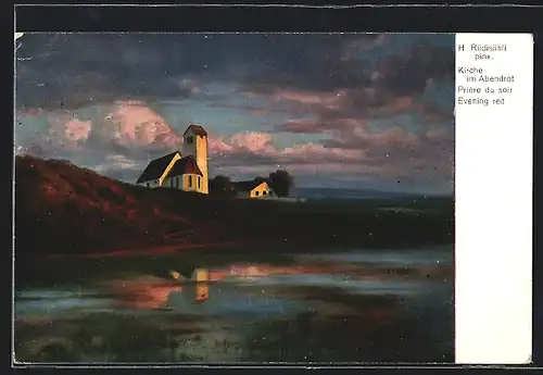 Künstler-AK Hermann Rüdisühli: Kirche im Abendrot, am See