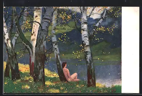 Künstler-AK Eduard Rüdisühli: Fallendes Laub, nackte Frau unter Birken am See