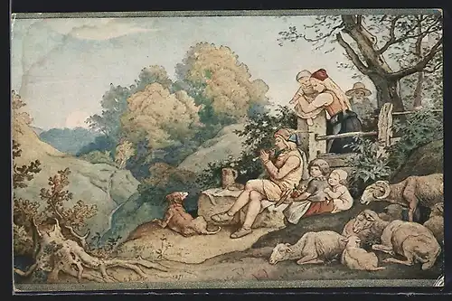 Künstler-AK Ludwig Richter: Hirte mit Kindern und Bauernfrau, Schafe
