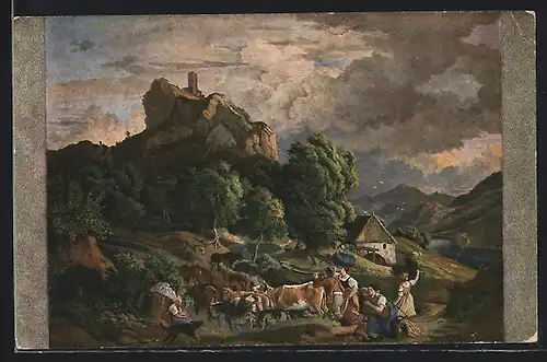 Künstler-AK Ludwig Richter: Schreckenstein, Bauern bringen Kühe vor Gewitter in Sicherheit