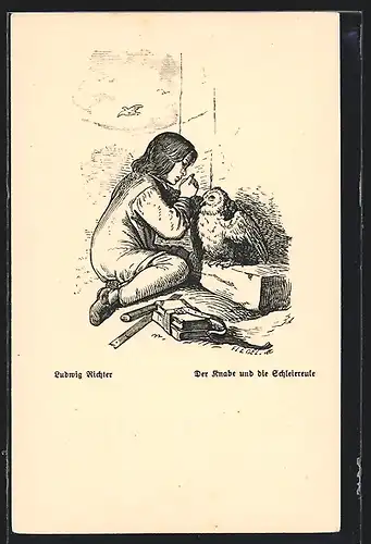 Künstler-AK Ludwig Richter: Der Knabe und die Schleiereule