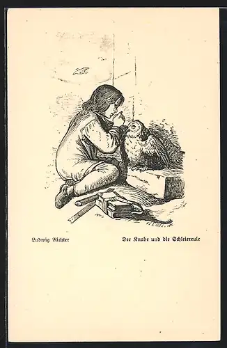 Künstler-AK Ludwig Richter: Der Knabe und die Schleiereule