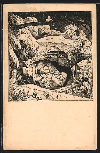 Künstler-AK Ludwig Richter: Winter, Genoveva mit Kind in einer Höhle