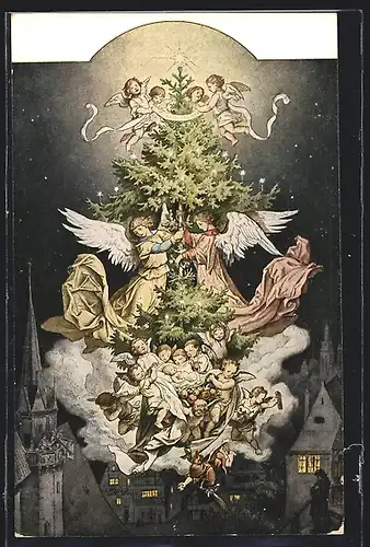 Künstler-AK Ludwig Richter: Engel mit Weihnachtsbaum über dem Ort