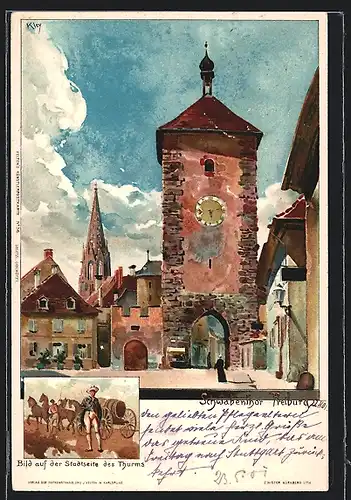 Künstler-AK Heinrich Kley: Freiburg, Schwabenthor & Bild auf der Stadtseite des Thurms