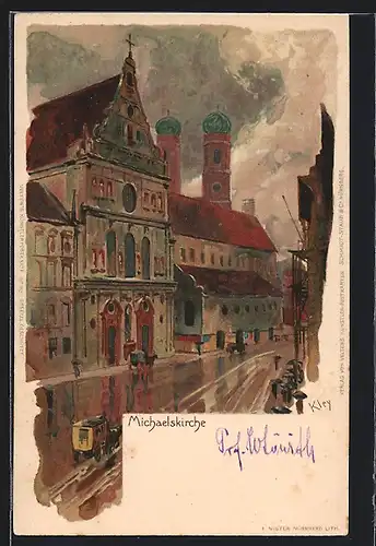 Künstler-AK Heinrich Kley: München, die Michaeliskirche, Pferdekutsche