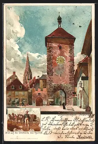 Künstler-AK Heinrich Kley: Freiburg, Schwabenthor & Bild auf der Stadtseite des Thurms