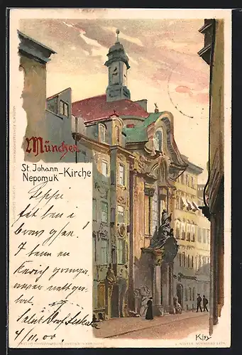 Künstler-Lithographie Heinrich Kley: München, St. Johann-Nepomuk-Kirche