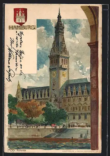 Künstler-AK Heinrich Kley: Hamburg, Stadtpartie und Wappen