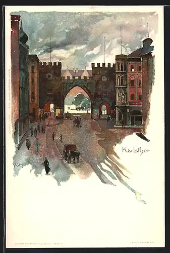 Künstler-AK Heinrich Kley: München, Karlsthor mit Pferdekutsche und Passanten