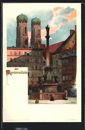 Künstler-AK Heinrich Kley: München, Die Mariensäule mit Kirche