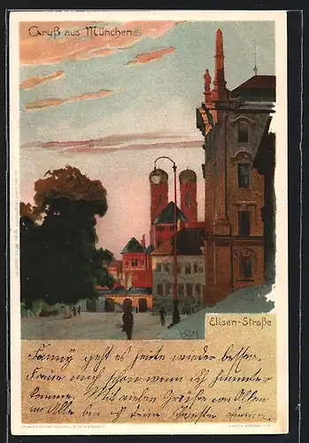 Künstler-AK Heinrich Kley: München, Elisen-Strasse mit den Türmen der Frauenkirche