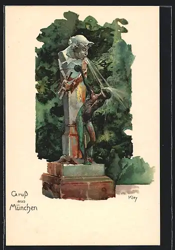 Künstler-AK Heinrich Kley: München, Brunnen mit Panskulptur im Park