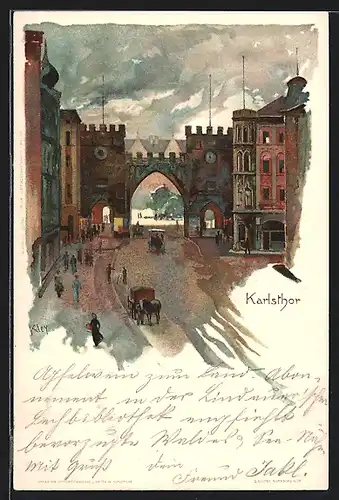 Künstler-AK Heinrich Kley: München, Karlsthor mit Pferdekutsche und Passanten