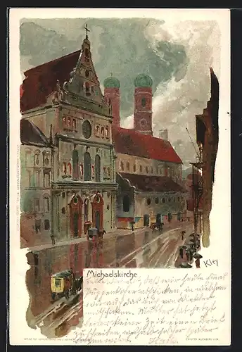 Künstler-AK Heinrich Kley: München, die Michaeliskirche, Pferdekutsche