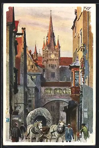 Künstler-AK Heinrich Kley: Nürnberg, Pferdegespann auf der Strasse Rathausgasse