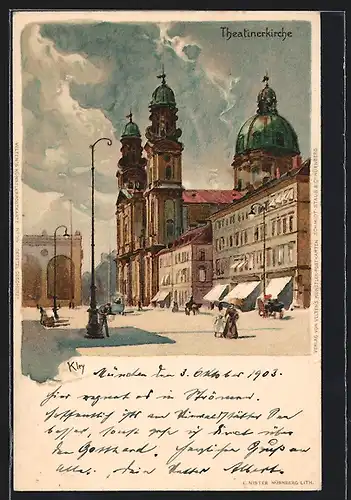 Künstler-Lithographie Heinrich Kley: München, Partie an der Theatinerkirche