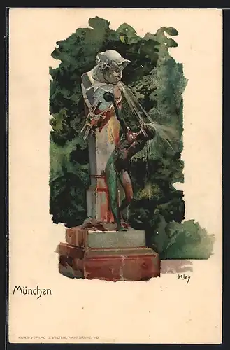 Künstler-AK Heinrich Kley: München, Brunnen mit Panskulptur im Park