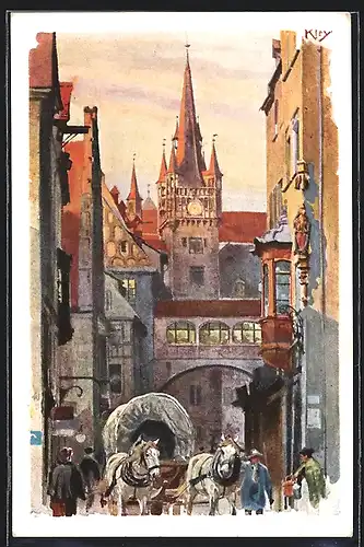 Künstler-AK Nürnberg, Rathausgasse mit Planwagen