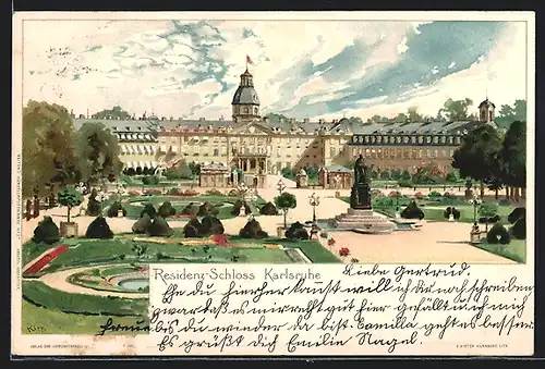 Künstler-AK Heinrich Kley: Karlsruhe, Residenz-Schloss mit Garten