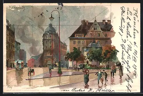 Künstler-AK Heinrich Kley: Karlsplatz, Leute mit Regenschirmen auf der Strasse