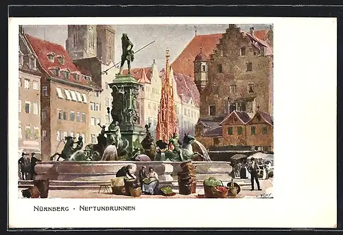 Künstler-AK Heinrich Kley: Nürnberg, Bayerische Jubiläums Landesausstellung 1906, Neptunbrunnen