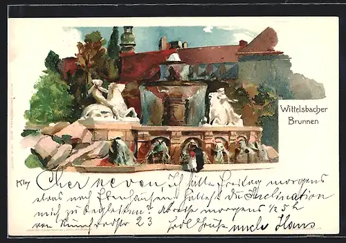 Künstler-AK Heinrich Kley: München, Wittelsbacher Brunnen im Sonnenschein