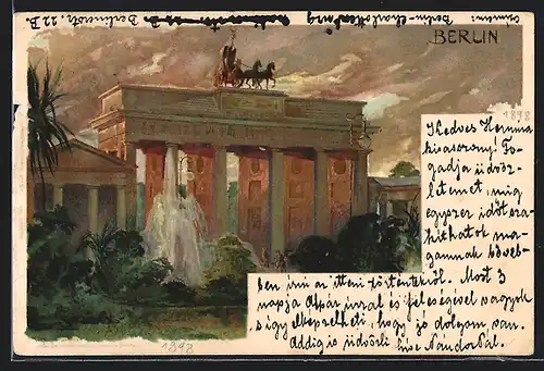 Künstler-AK Heinrich Kley: Berlin, Brandenburger Thor mit Brunnen