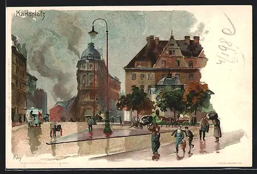 Künstler-AK Heinrich Kley: Karlsplatz, Leute mit Regenschirmen auf der Strasse