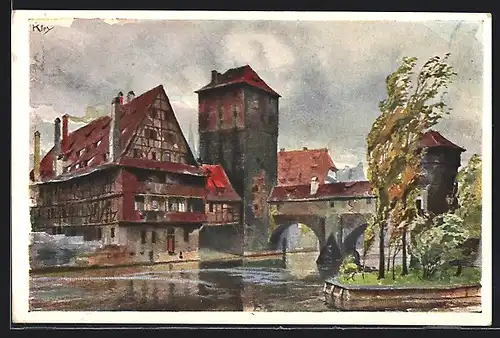 Künstler-AK Heinrich Kley: Nürnberg, Panorama vom Henkersteg