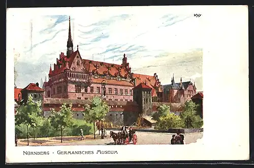 Künstler-AK Heinrich Kley: Nürnberg, Bayerische Landesausstellung 1906, Germanisches Museum mit Pferdewagen