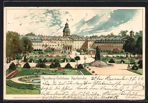 Künstler-AK Heinrich Kley: Karlsruhe, Residenz-Schloss mit Garten