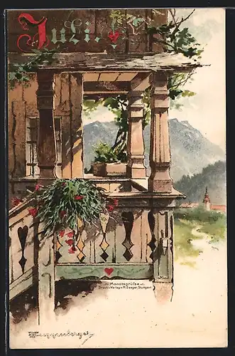 Künstler-AK Theodor Guggenberger: Balkon mit Blick zum Ort - Juli