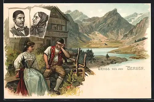 Lithographie Paar in Appenzeller Tracht sitzt vor dem Haus, Altes Ehepaar