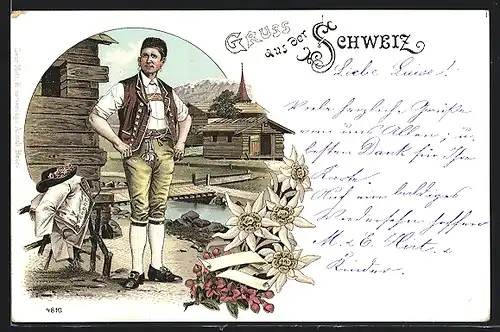 Lithographie Schweizer Mann in Tracht