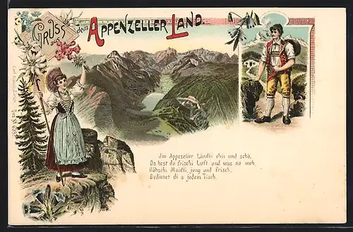 Lithographie Mann und Frau aus dem Appenzeller Land in Trachten