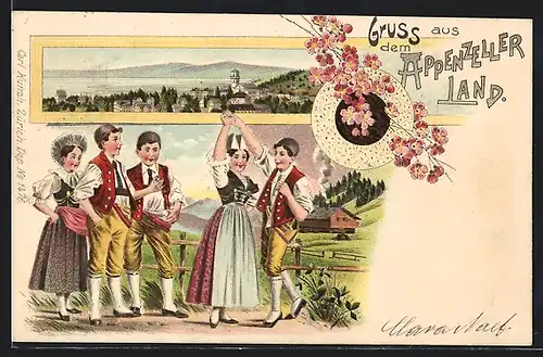 Lithographie Junge Männer und Frauen aus dem Appenzeller Land in Trachten