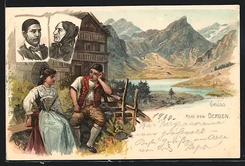 Lithographie Paar in Appenzeller Tracht sitzt vor dem Haus, Altes Ehepaar