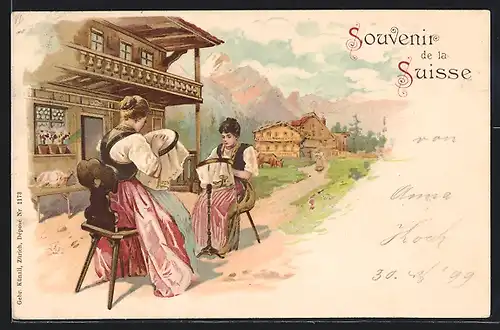 Lithographie Damen in Tracht aus der Schweiz beim Sticken, Kuh