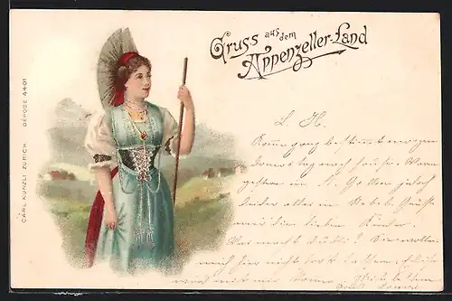 Lithographie Schweizerin mit Haarschmuck in appenzeller Tracht