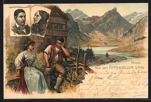 Lithographie Paar in Appenzeller Tracht sitzt vor dem Haus, Altes Ehepaar