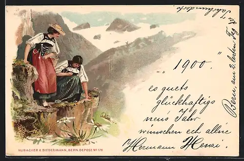 AK Damen in Tracht aus der Schweiz pflücken das Edelweiss