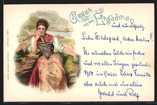 Lithographie Schweizerin in Tracht aus Engadin