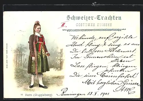 Lithographie Schweizerin in Berner Tracht